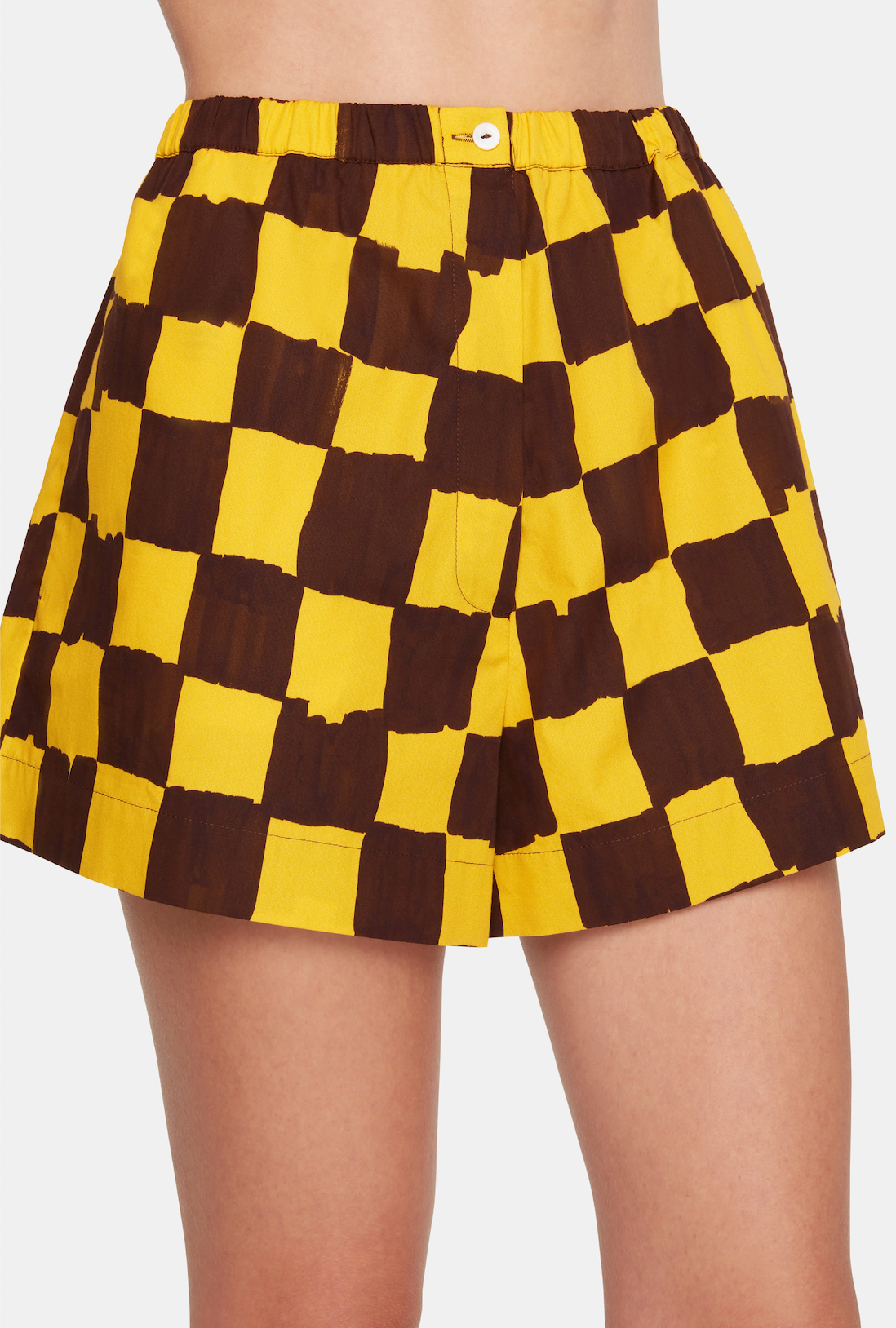 Emilia Wickstead x Palm Heights Pasqa Shorts in Chocolate and Yellow Checkerboard Print Cotton