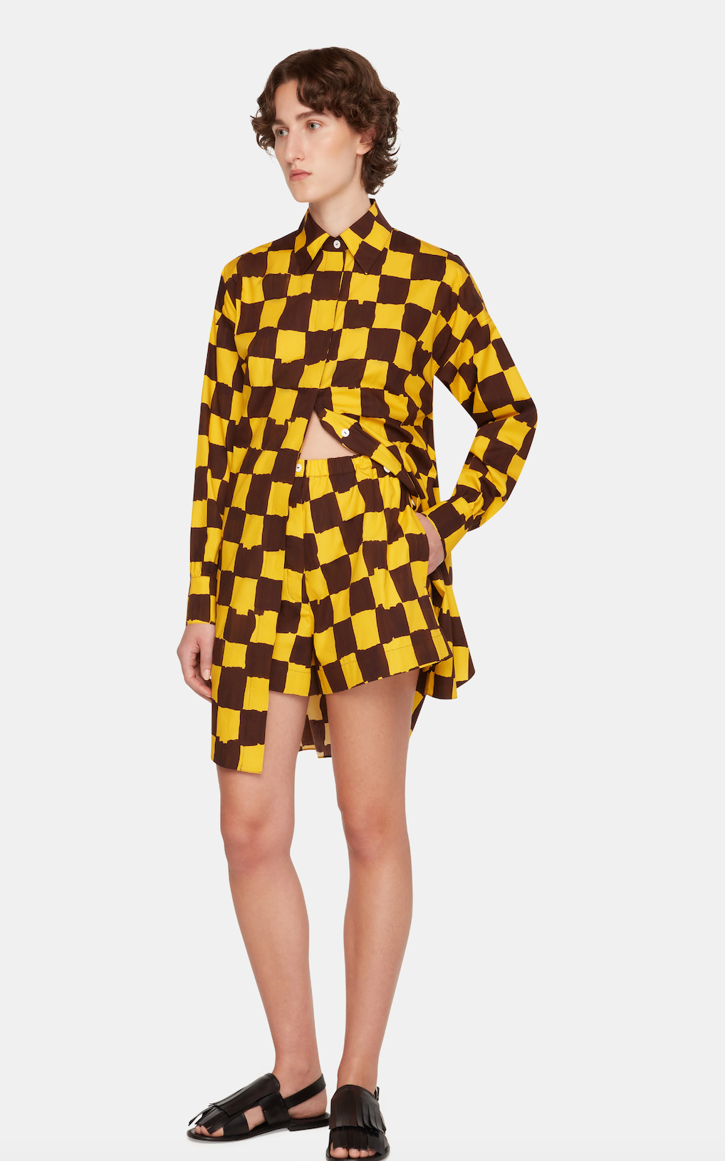Emilia Wickstead x Palm Heights Pasqa Shorts in Chocolate and Yellow Checkerboard Print Cotton