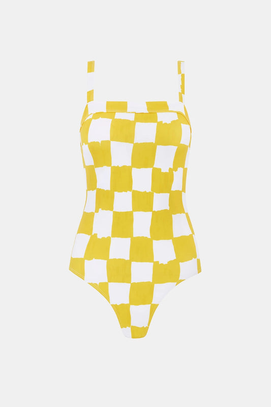 Emilia Wickstead x Palm Heights Nell Swimsuit in Yellow and White Checkerboard Print