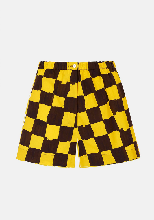 Emilia Wickstead x Palm Heights Pasqa Shorts in Chocolate and Yellow Checkerboard Print Cotton