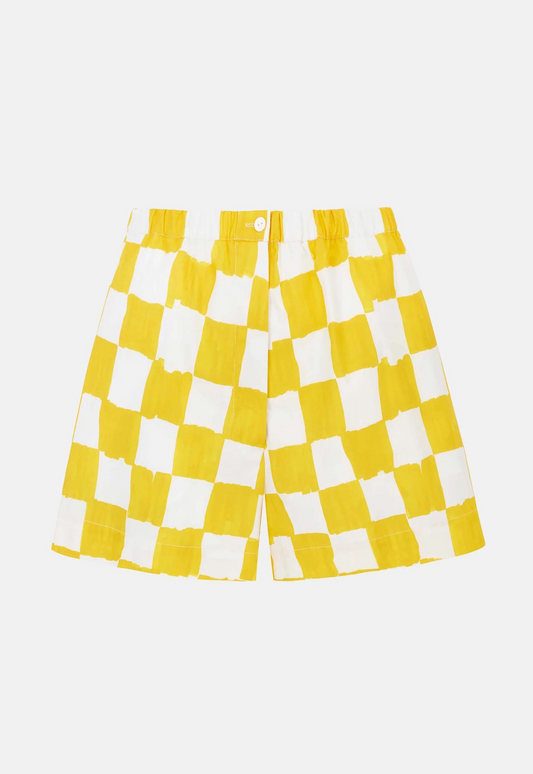 Emilia Wickstead x Palm Heights Pasqa Shorts in Yellow and White Checkerboard Print Cotton